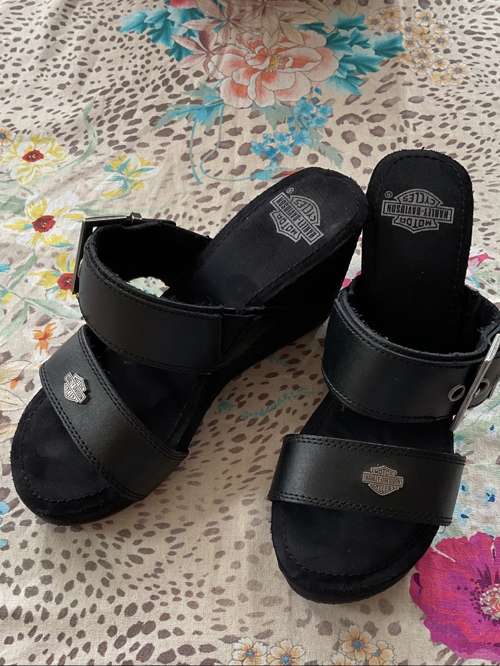 Harley-Davidson Black Leather Wedge Mules with Branded Silver Accents